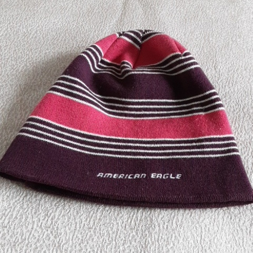 American Eagle Outfitters Burgundy and Pink Striped Beanie